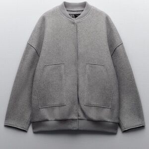 Zara Women Light Grey Wool Like Bomber Jacket Size Large